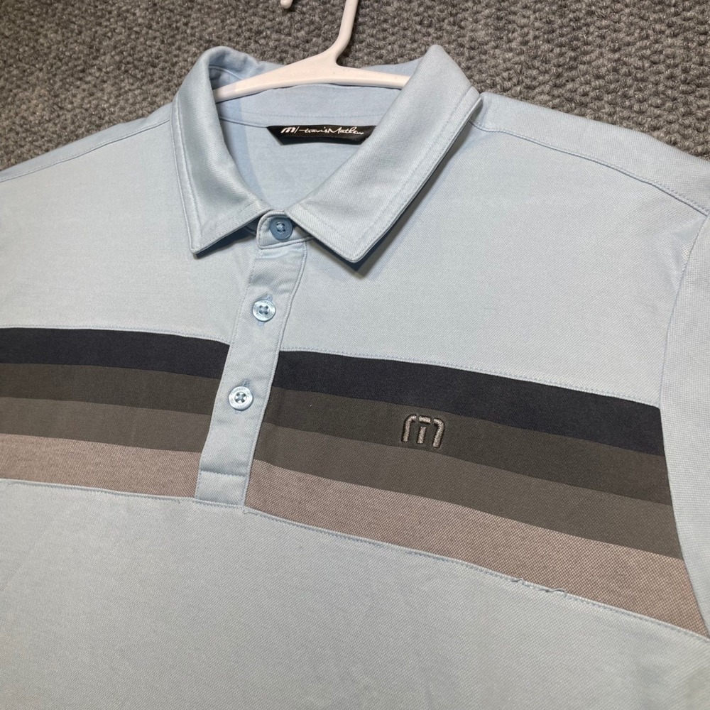 TravisMathew Mens Medium Light Blue Striped Performance Golf Polo Shirt